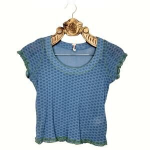 Free People Top Cotton Mesh Floral Tee Lettuce Trim Blue Short Sleeve Sheer xs